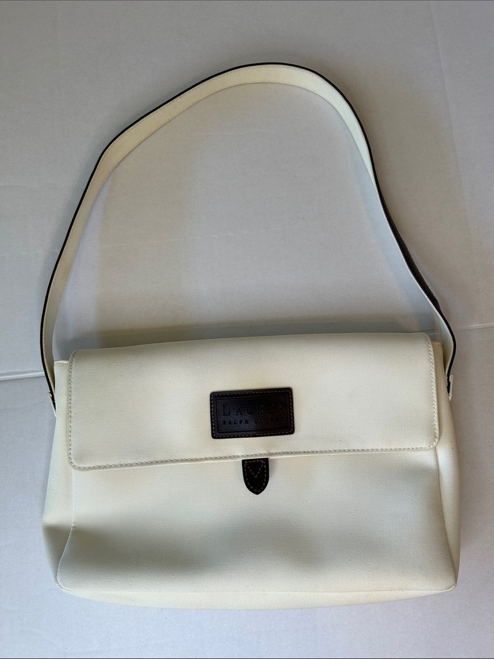LAUREN RALPH OFF WHITE CANVAS VINTAGE FLAP SHOULDER BAG